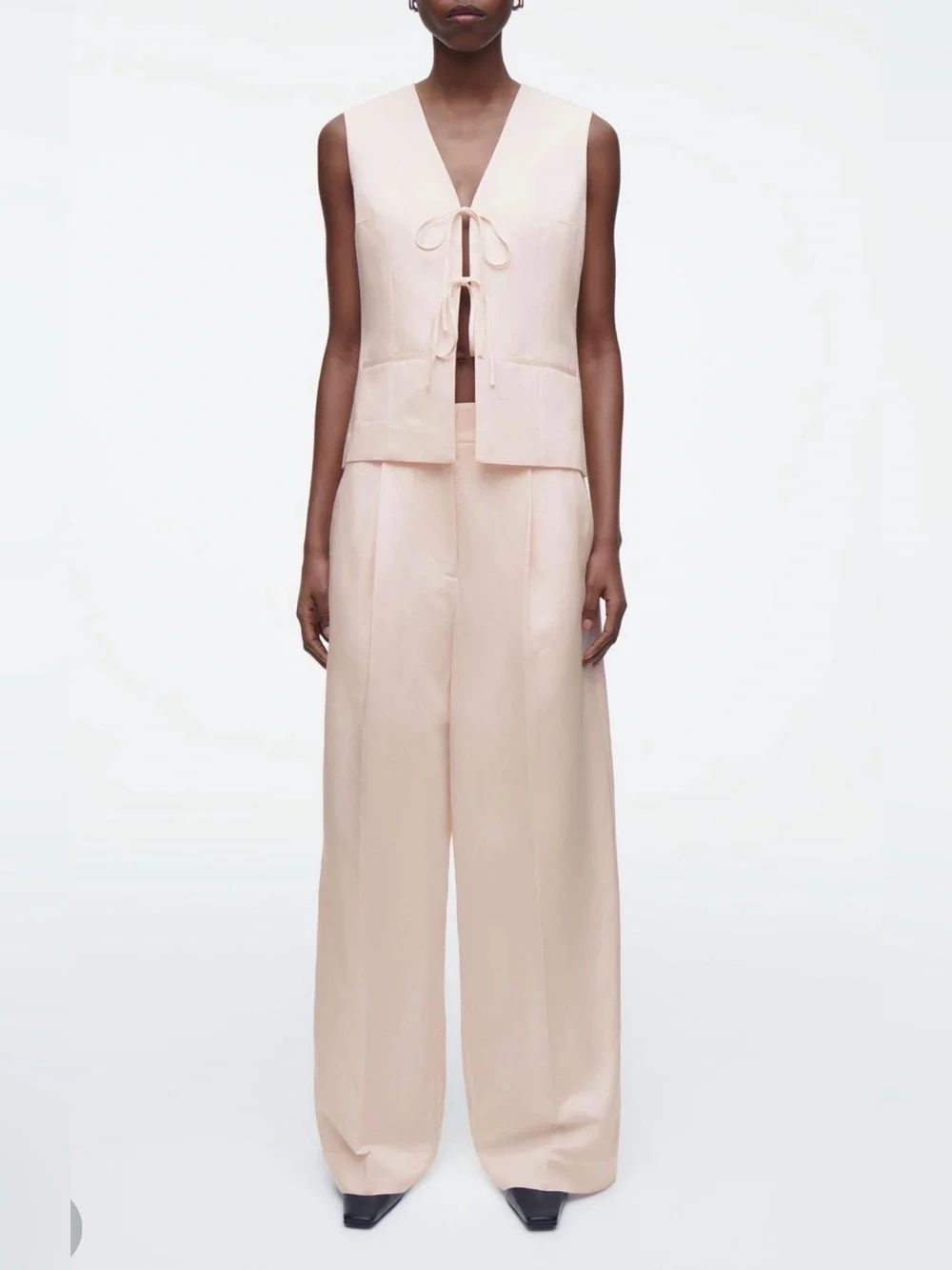 Cos Relaxed Linen-Blend Wide-Leg Trousers Pink - Size 8